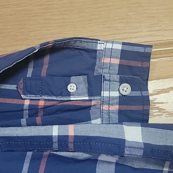 Boys 4T Button Up Plaid Collared Shirt in blue with white and orange stripes - Picture 5 of 7